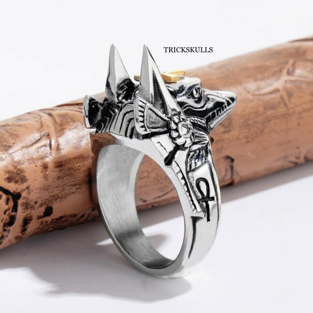 Silver Stainless Tactical Egyptian Ankh Anubis Wolf Jackal God Spikes Ring New! - Picture 2 of 10